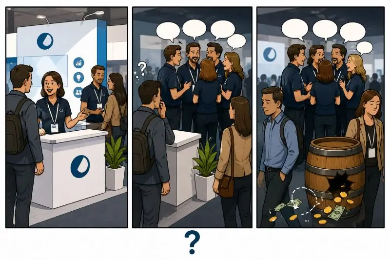 Regroupements spontanés d’équipes sur un stand de salon